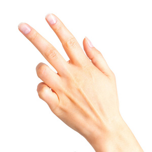 女性手显示两个手指在和平符号