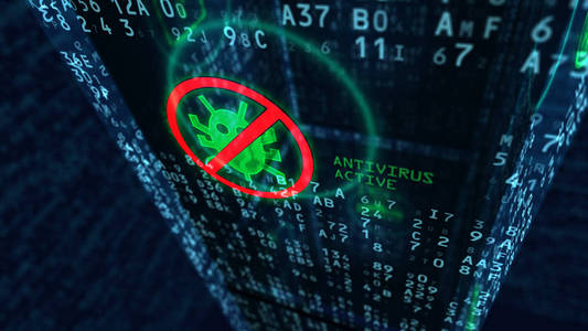 网络安全三维插图。 背景中带有数字块的防病毒符号。 数据保护防火墙和计算机安全的概念。