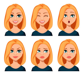 不同的女性情绪设定. 美丽的卡通人物现代商业女性.