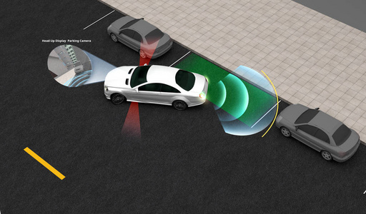 智能汽车停车辅助系统，头部显示三维渲染图像。