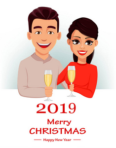圣诞节和新年贺卡与可爱的年轻夫妇和短信下面。 微笑的男人和女人拿着一杯香槟。 白色背景矢量插图