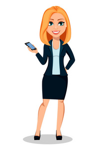 商务女性穿着办公室风格的衣服。 现代女商人持有智能手机。 欢快的卡通人物。 白色背景上的矢量插图。