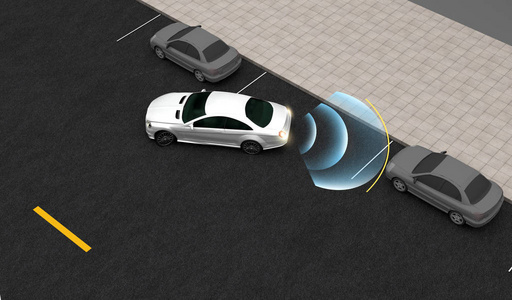 智能汽车自动停车在停车场与停车辅助系统三维渲染图像。