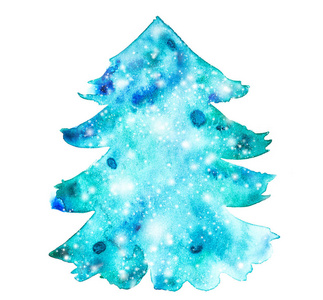 蓝色水彩圣诞树。 圣诞新年手绘模板与不均匀的边缘。 水彩洗