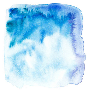 蓝色水彩背景。 抽象手绘模板，边缘不均匀。 水彩