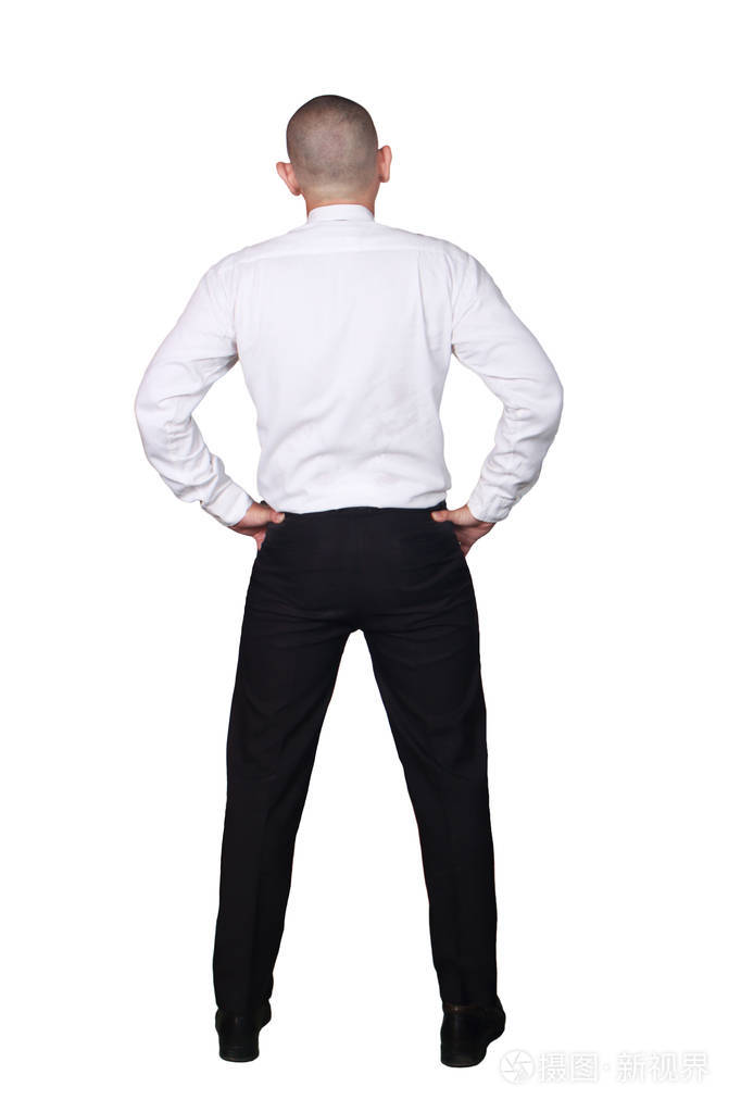男士绅士穿着正式西装背面. 全身肖像孤立于白色