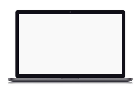 空的黑色框架灰色笔记本电脑的真实插图与空白白色屏幕与摄像头和黑色