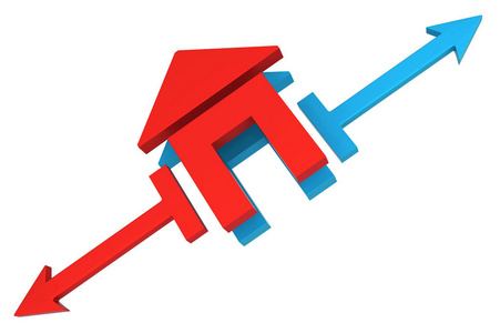 红色符号箭头回家蓝色对面的三维插图水平上的白色隔离