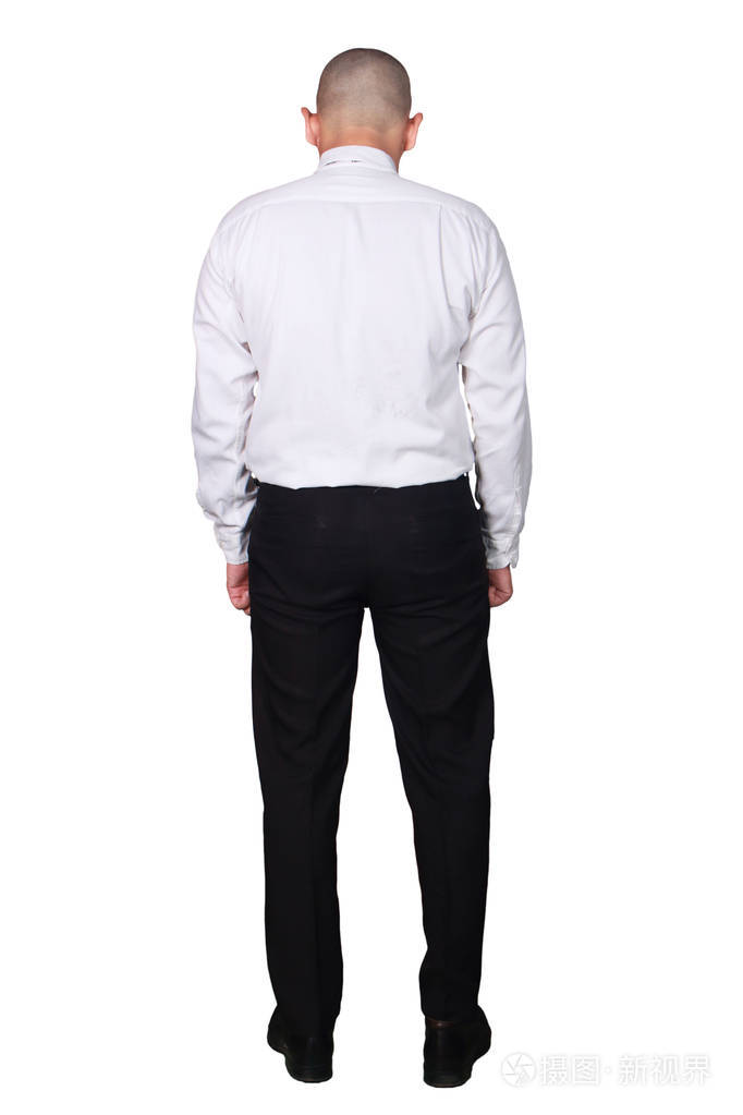 男士绅士穿着正式西装背面. 全身肖像孤立于白色