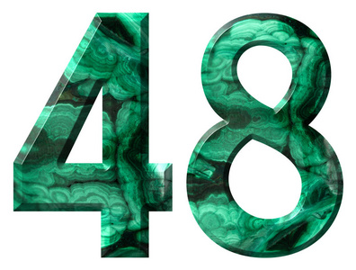 阿拉伯数字48,48，从白色背景上分离的天然绿色孔雀石