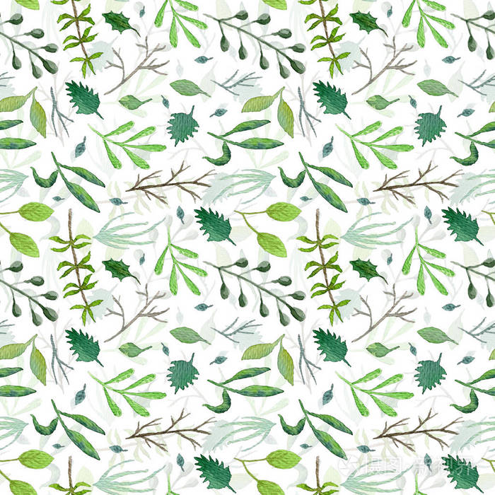 重叠的水彩绿色植物无缝图案与混乱的绿叶和树枝在白色的背景.
