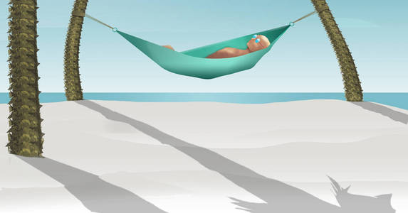 这是一个3d渲染插图，一个人躺在吊床之间的两个小棕榈树之间的热带海滩与白沙。 这是一个例子。
