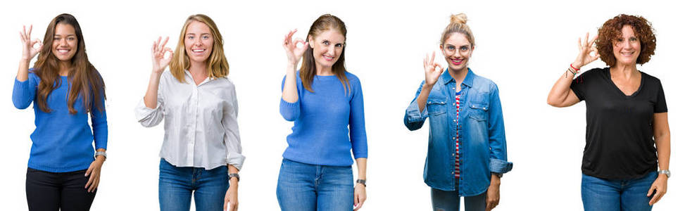 拼贴一群美丽的女人在白色孤立的背景上微笑，积极地用手和手指做OK标志。 成功的表达。