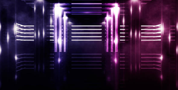 空暗室背景用激光束照射紫色霓虹灯