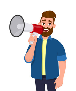 一个人拿着扩音器/扬声器靠近他的嘴,大声喊着宣布什么.