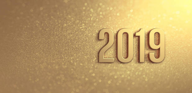 新年2019年日期号码在闪闪发光的黄金背景3d插图.照片