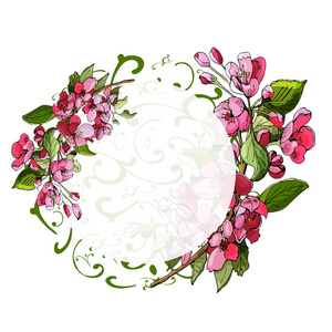 苹果树和花的花粉红色的枝条的圆形组成。手绘的马氏花彩色素描。邀请模板, 贺卡