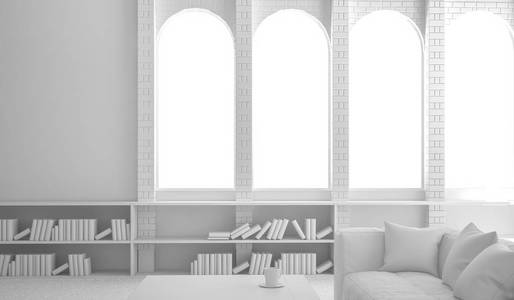 舒适的客厅，配有沙发书和大的半圆窗户，3张渲染插图，模板组成
