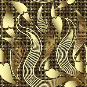 金色华丽的花卉3D Paisley矢量无缝图案。 纹理网格晶格格子背景。 重复编织装饰背景。 老式手绘的佩斯利花，留下爱的心的形