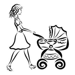 年轻的母亲带着婴儿车走着,黑色的图案照片