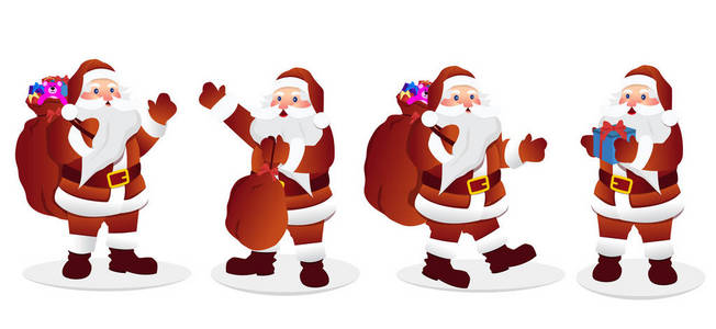 圣诞老人角色集。白色卡通的圣诞老人。圣诞快乐，一套平式圣诞老人。矢量图