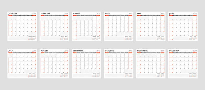 日历模板为2019年..套12个月..一月，二月，三月，四月，五月，六月，七月，八月，九月，十月，十一月，十二月。文具设计