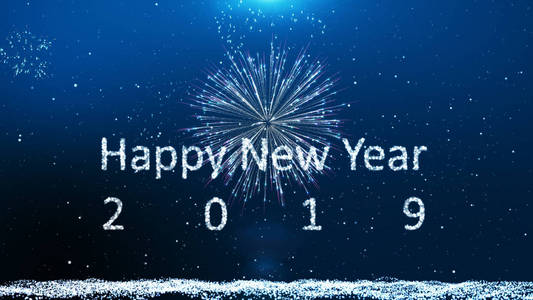 新年快乐2019烟火背景与雪和星粒子光线光束