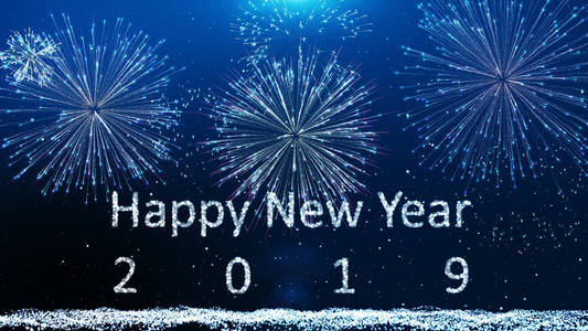 新年快乐2019烟火背景与雪和星粒子光线光束