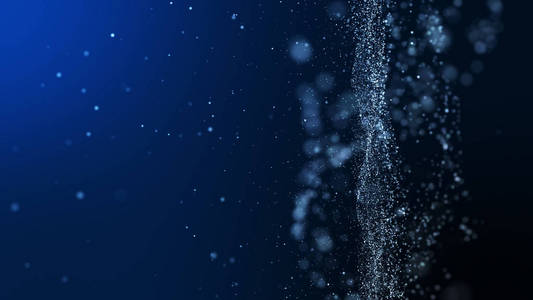 蓝色背景数字签名与波粒子闪耀面纱和空间与深度的场.