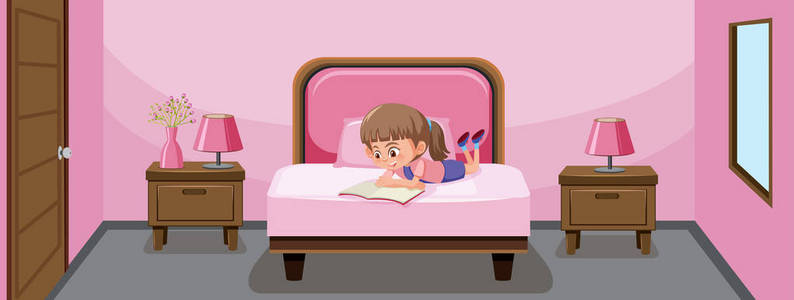 一个女孩在床上看书插图