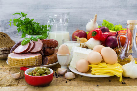食品杂货,乳制品,蔬菜,水果,肉类照片
