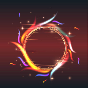 火焰圈与五颜六色的火焰和霓虹灯运动效果的紫色背景与边框为封面海报