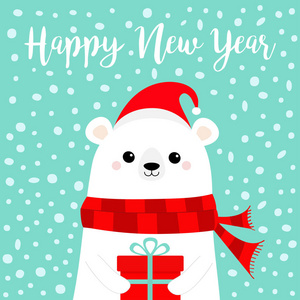 新年快乐。 白色北极熊幼崽脸拿着礼品盒。 红色圣诞老人帽围巾。 可爱的卡通婴儿角色。 圣诞快乐。 北极动物。 平面设计你好冬天。