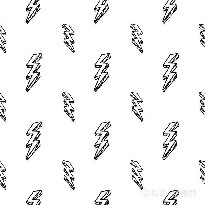 无缝图案手绘3d闪电涂鸦图标. 手绘黑色素描. 符号符号. 装饰元素.