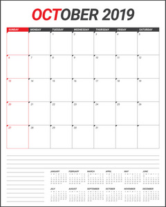 2019年10月每月日历矢量插图简单干净的设计。