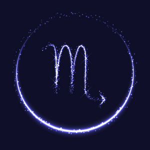 天蝎座的占星符号。 抽象矢量闪亮的西方生肖星座和月牙在深蓝色背景上。