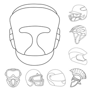 头盔矢量设计和运动标志。收集头盔和摩托股票符号的网络