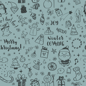 无缝涂鸦圣诞图案。卡通无边无际的背景。圣诞树和小玩意, 圣诞老人袜子, 帽子和胡子, 礼物, 糖果藤条, 雪人, 漩涡, 姜饼
