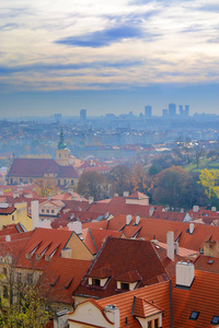 这张照片是从布拉格城堡的高度拍摄的。 这幅画显示了多云天空下瓷砖屋顶的景色。