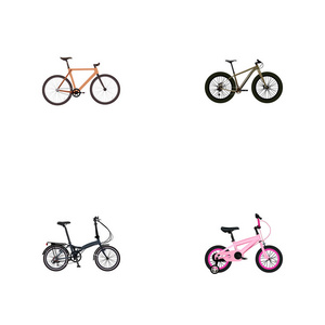 一套自行车现实符号与健身轮, 极端骑自行车, 孩子和其他图标为您的网络移动应用程序标志设计