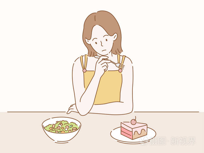 节食的女人考虑她应该吃哪种菜