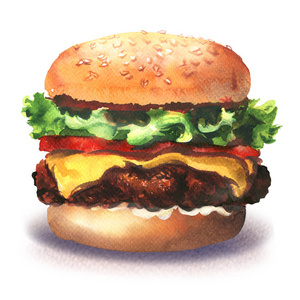 大美味的哈伯格, 新鲜汉堡生菜, 奶酪, 西红柿, 肉, 洋葱, 面包, 快餐, 孤立, 手绘水彩插图在白色