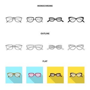独立的眼镜和框架图标的对象。一套眼镜和附件矢量图标股票