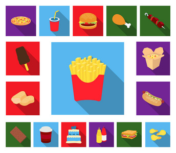 快餐平面图标集合中的设计。半成品食品矢量符号库存网站插图
