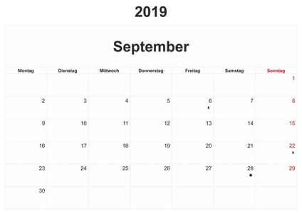 2019年德国月历，白色背景。