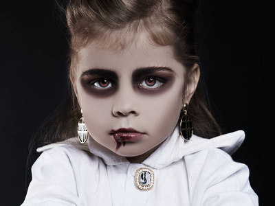 万圣节化妆的小女孩.吸血鬼的孩子脸上有血.万圣节假期儿童照片