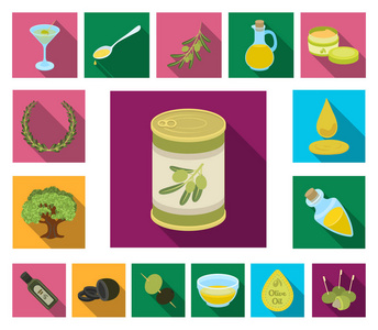 橄榄, 食物平面图标集合中的设计。橄榄油, 调味矢量符号股票网页插图