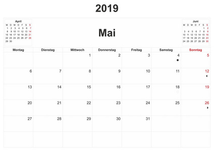 2019年德国月历，白色背景。