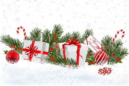圣诞节背景与冷杉分支边界与球，丝带和圣诞节装饰。带有圣诞礼物的装饰圣诞节日背景。