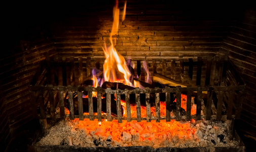 在冬天的壁炉里燃烧原木